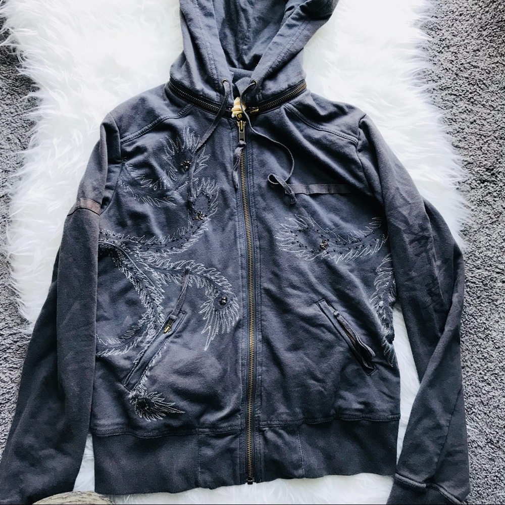 Da-Nang Charcoal Embroidered Zip Hoodie
